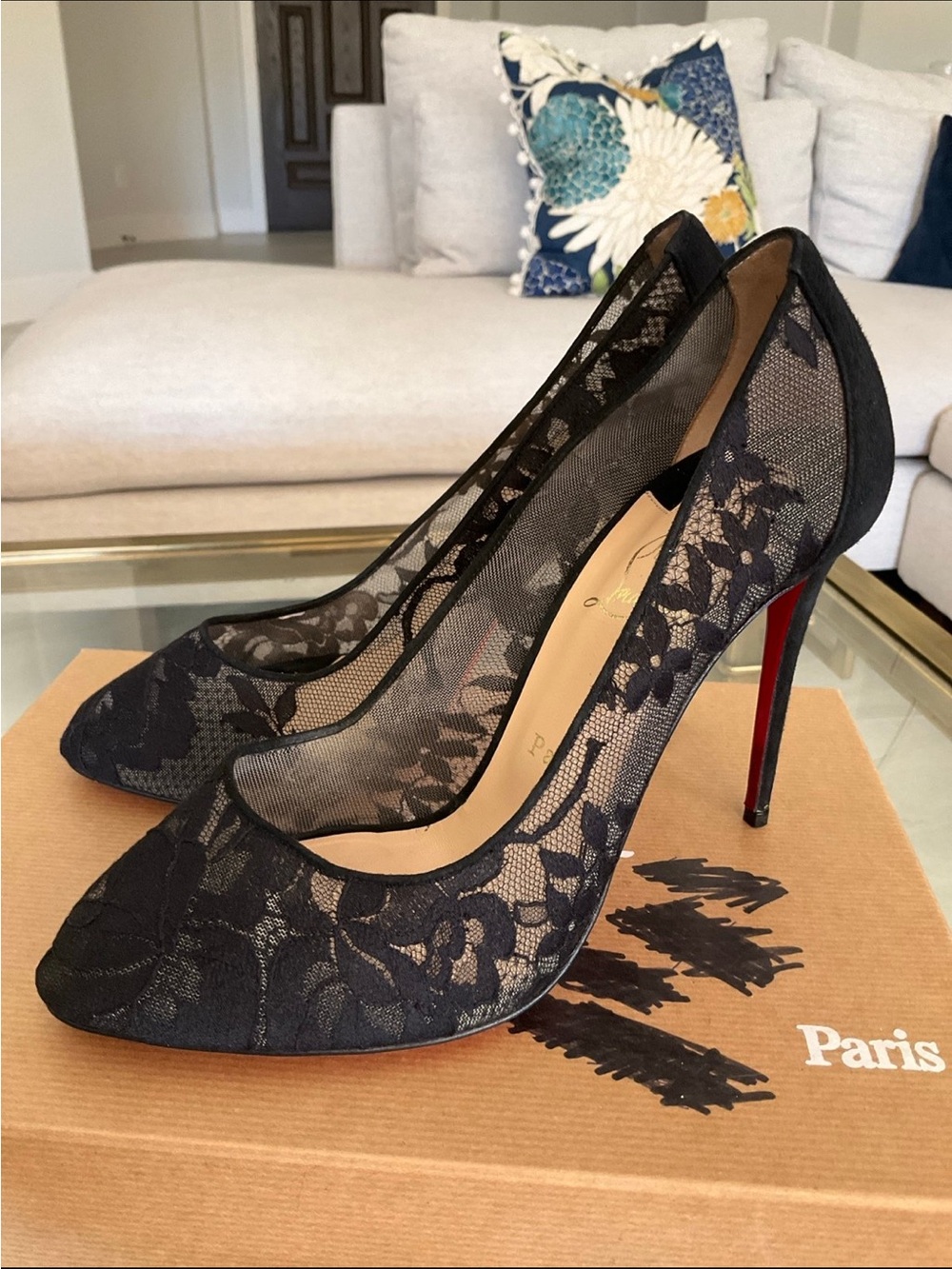 Christian Louboutin Dorissima 100 black lace and suede heels, 39.5 - Picture 3 of 10